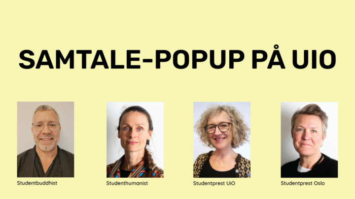 Foto av fire samtalepartnere. Tekst på gul bakgrunn: Samtale-popup på UiO.
