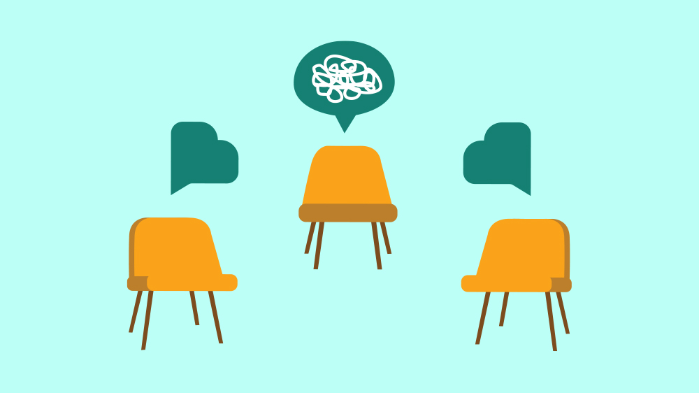 Illustration of three empty chairs arranged in a circle. Above one chair is a speech bubble filled with squiggles. The other two chairs have speech bubbles shaped like hearts.