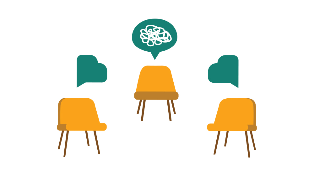 Illustration of three empty chairs arranged in a circle. Above one chair is a speech bubble filled with squiggles. The other two chairs have speech bubbles shaped like hearts.
