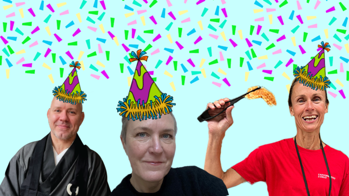 Blå bagrunn med farget konfetti. Utklipp av studentbuddhist, studentprest og studenthumanist med partyhatter og vaffel.