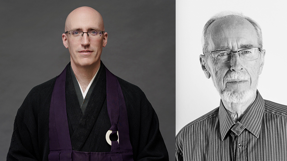 Foto 1: Mann med briller i sort buddhistisk drakt. Foto 2: Eldre mann med briller i en stripete skjorte.